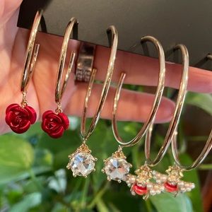Thalia Sodi 3 pair large hoop earrings bundle red rose bee faux diamond $35 new